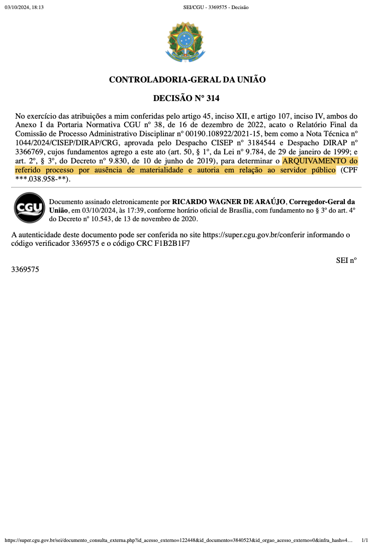 Decisão nº 314 - CGU - Documento oficial mostrando o arquivamento por ausência de materialidade e autoria