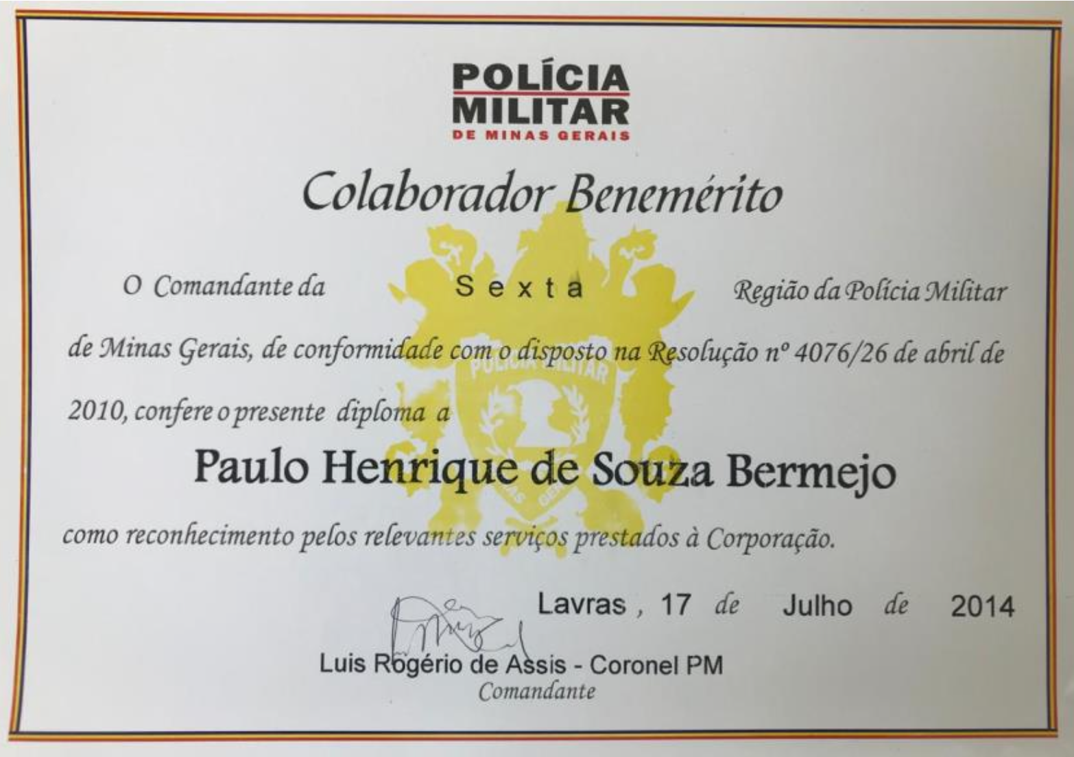 Homenagem da Polícia Militar de Minas Gerais